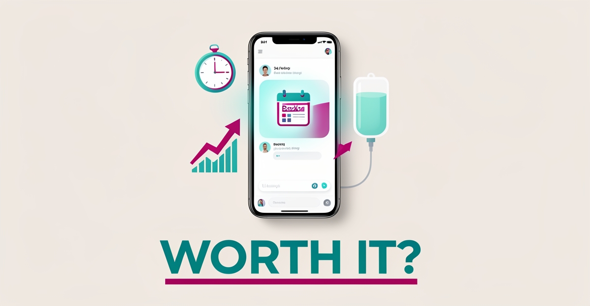 Flat illustration of a smartphone AI assistant booking appointments with 24/7 clock and growth graph icons in teal and magenta.