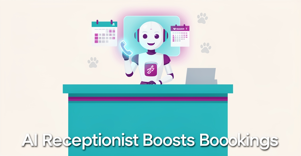 Modern flat illustration of a pet dental clinic reception desk with a holographic AI assistant handling calls, using brand colors teal and magenta as accents, with a short headline overlay.
