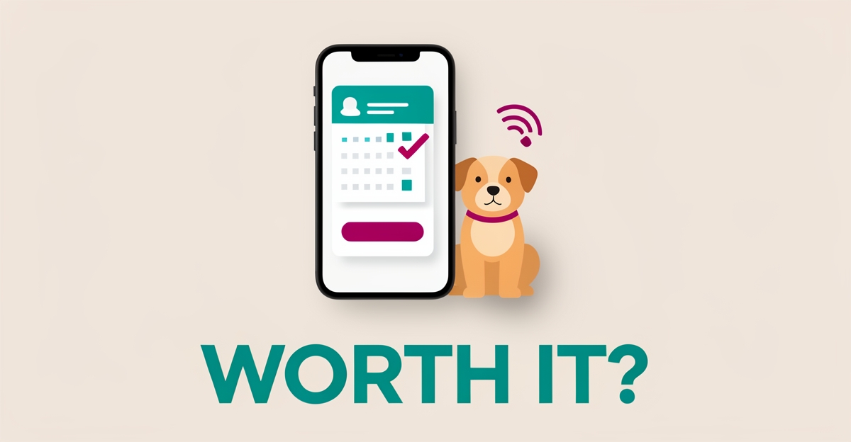 Flat illustration of a smartphone booking app beside a stylized dog, symbolizing an AI receptionist answering calls for a pet grooming business.