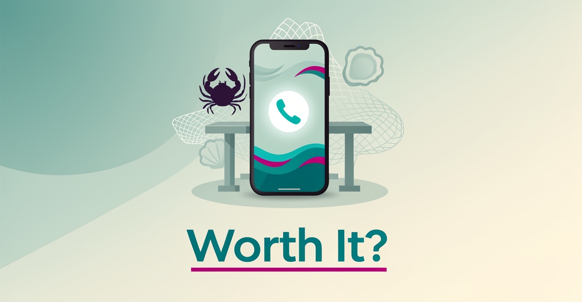 Flat illustration of a smartphone answering calls beside seafood motifs, asking whether an AI receptionist is worth it for restaurants.