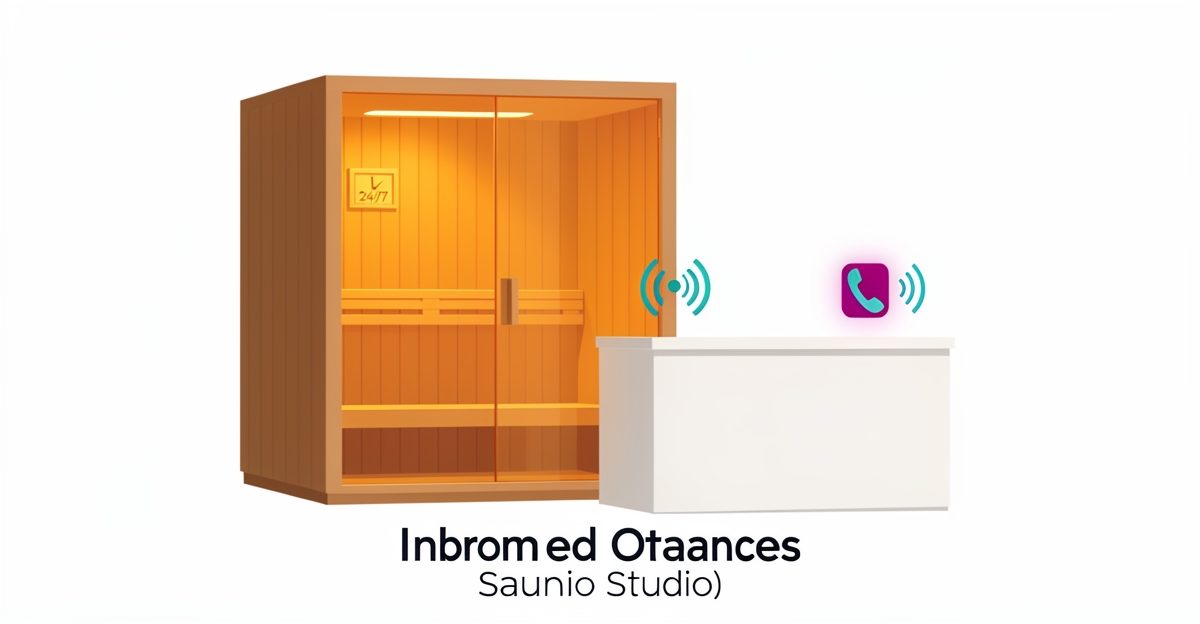 Minimalist flat illustration of infrared sauna studio with glowing cabin and AI phone assistant symbolizing 24/7 call capture.