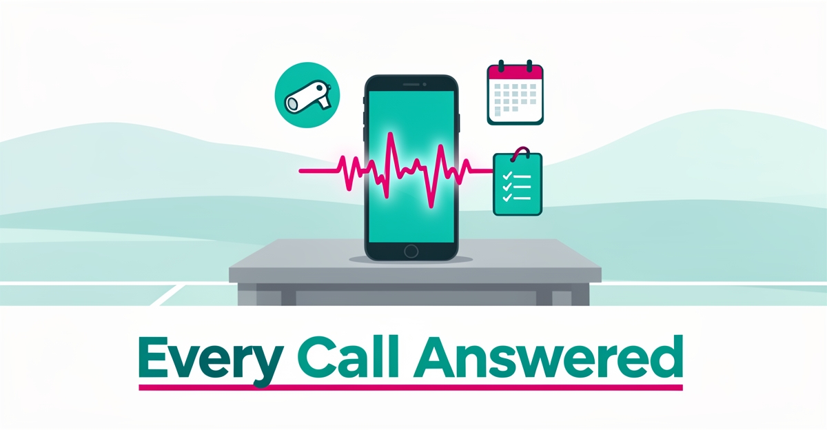 Flat illustration of a smartphone with a glowing voice waveform surrounded by sports camp icons, accented in teal and magenta, with headline Every Call Answered.