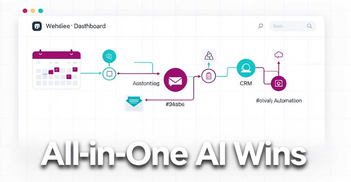 A minimalist flat illustration of a unified AI website dashboard integrating calendar, CRM, and automation tools with brand-colored accent lines, featuring the headline 'All-in-One AI Wins' in the lower third.