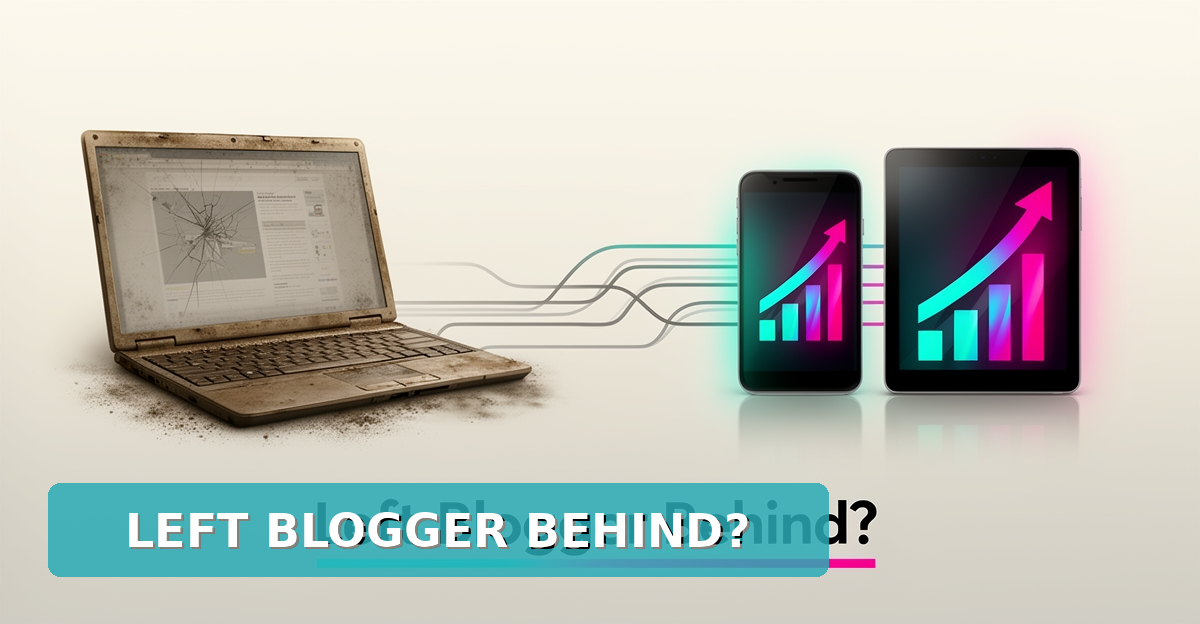 Flat illustration of an outdated laptop being left behind for modern glowing devices with rising analytics, symbolizing migration from legacy blogging platforms.
