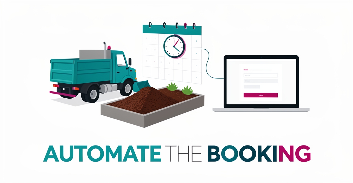Flat illustration of a mulching truck and garden bed linked to a laptop booking calendar in teal and magenta accents.