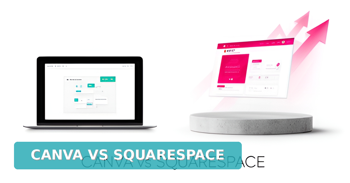 Flat illustration comparing two website builder platforms with laptops and layouts in teal and magenta accents.