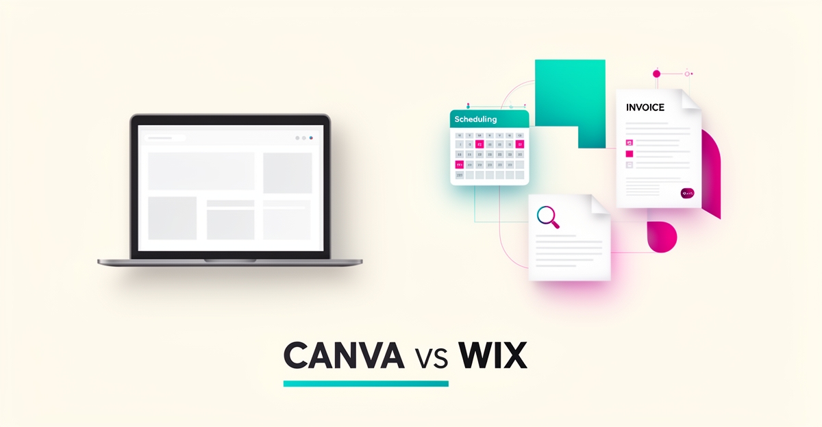 Flat illustration comparing a basic one-page website builder with a full business website dashboard featuring scheduling and invoicing tools, accented in teal and magenta.