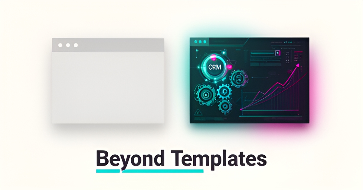 Flat illustration comparing a basic DIY website template with a managed AI-powered site featuring CRM and growth analytics, accented in teal and magenta.