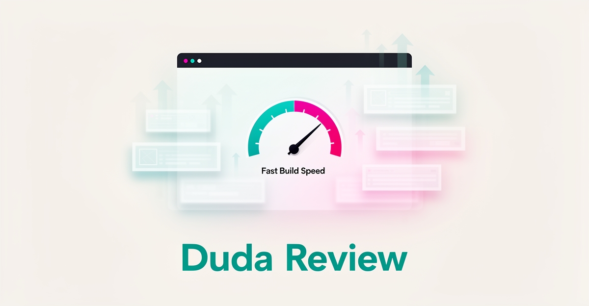 Flat illustration of a fast website builder dashboard with speed gauge in teal and magenta, headlined Duda Review.