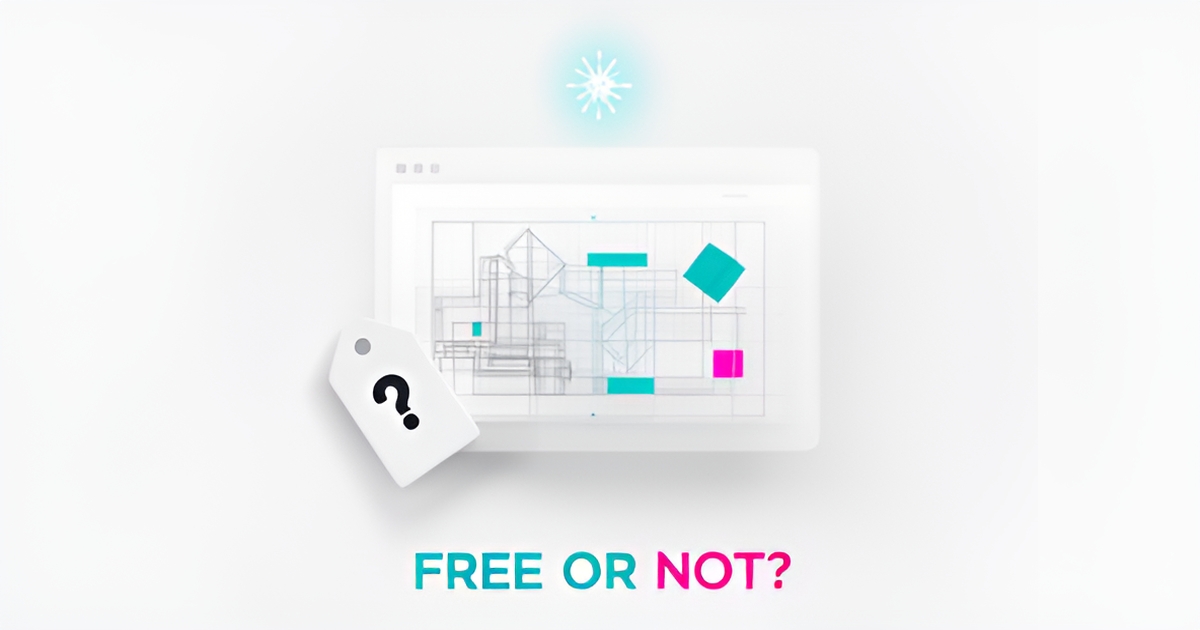 Flat illustration of a website builder interface with an AI spark icon and a question-mark price tag, headline reading Free or Not.