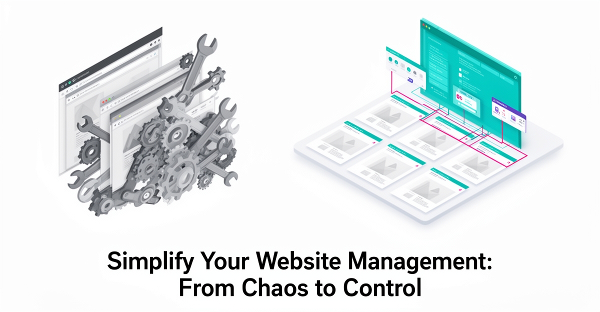 Flat illustration contrasting tangled DIY website maintenance with a streamlined agency dashboard, accented in teal and magenta.