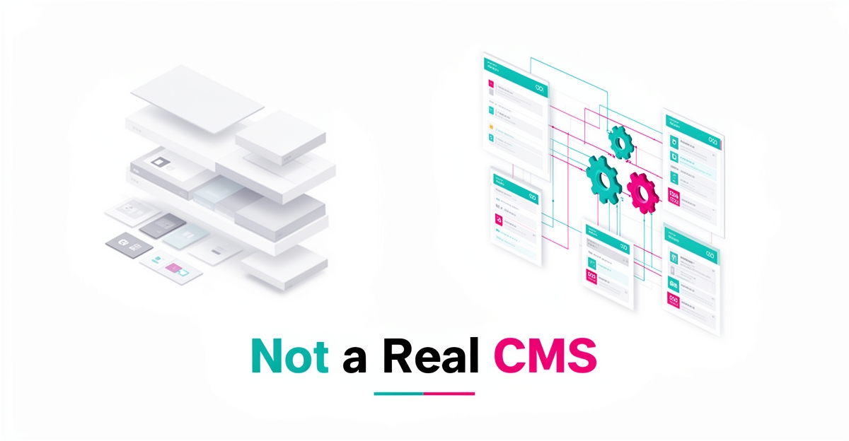 Flat illustration contrasting a simple website builder with a full CMS platform, accented in teal and magenta with the headline Not a Real CMS.