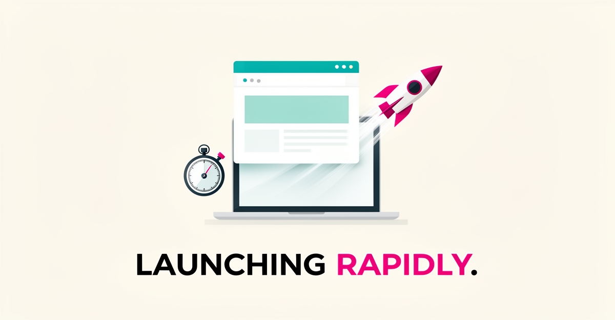 Flat illustration of a website launching quickly from a laptop with a stopwatch, accented in teal and magenta, questioning speed and reputation.