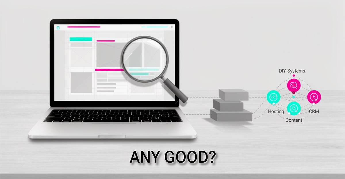 Flat illustration of a laptop showing a website wireframe under a magnifying glass, comparing DIY builders to managed AI systems, with the headline 'ANY GOOD?' in the lower third.