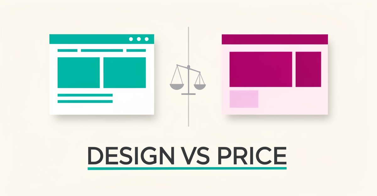Flat illustration comparing two website builder templates with a balance scale, symbolizing the design-versus-price tradeoff between platforms.