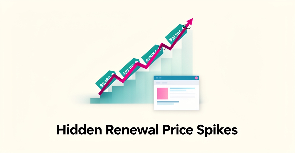 Flat illustration of a price line spiking upward in teal and magenta, symbolizing GoDaddy renewal cost increases.
