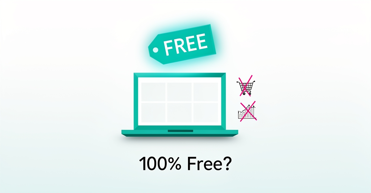 Flat illustration of a laptop with a free price tag and crossed-out ecommerce and analytics icons in teal and magenta.