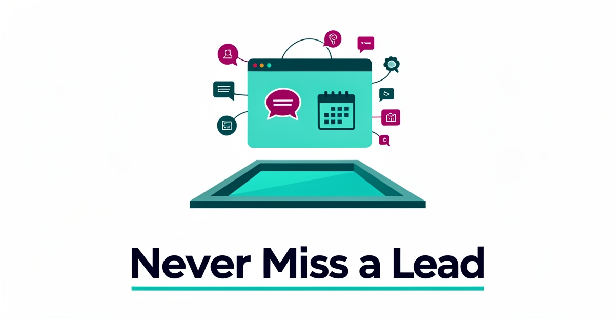 Flat illustration of a smart website interface hovering over a stylized swimming pool with lead capture icons.