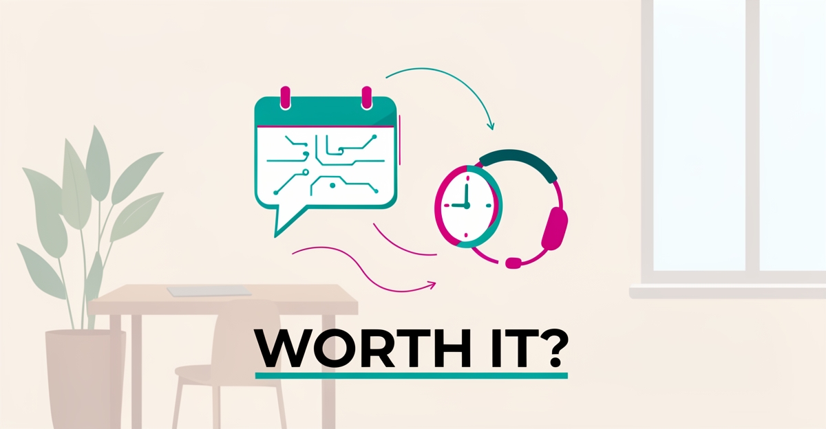Flat illustration of an AI assistant icon supporting scheduling and parent communication at a therapy center with teal and magenta accents.