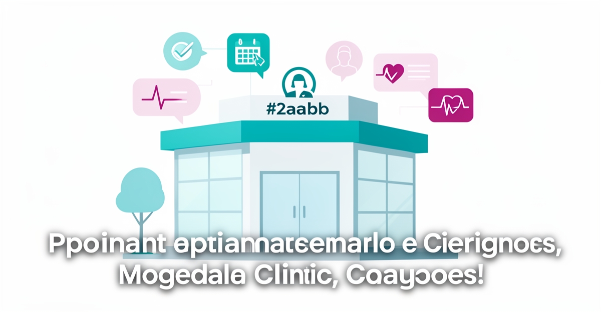 A minimalist flat illustration of a medical clinic with digital AI interface elements like scheduling icons and chat bubbles, using brand colors teal and magenta, symbolizing a smart website's impact on internal medicine practice efficiency.