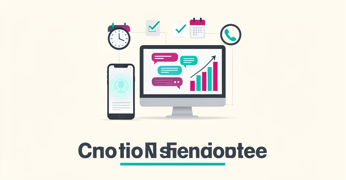 Flat illustration of AI chat assistant handling patient inquiries on devices with appointment and savings icons in teal and magenta.
