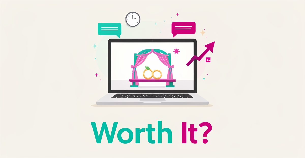 Flat illustration of a laptop showing a wedding arch with chat bubbles and a clock, symbolizing 24/7 AI-powered websites for wedding officiants.