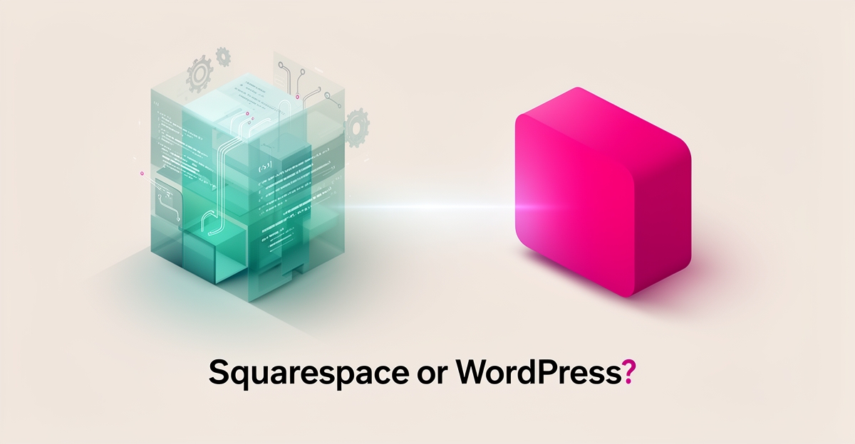 Flat illustration comparing a modular scalable website structure with a simple template builder, accented in teal and magenta.