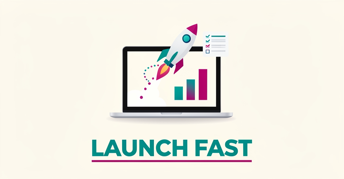 Flat illustration of a rocket launching from a laptop with charts, symbolizing a fast online business launch, with headline Launch Fast.