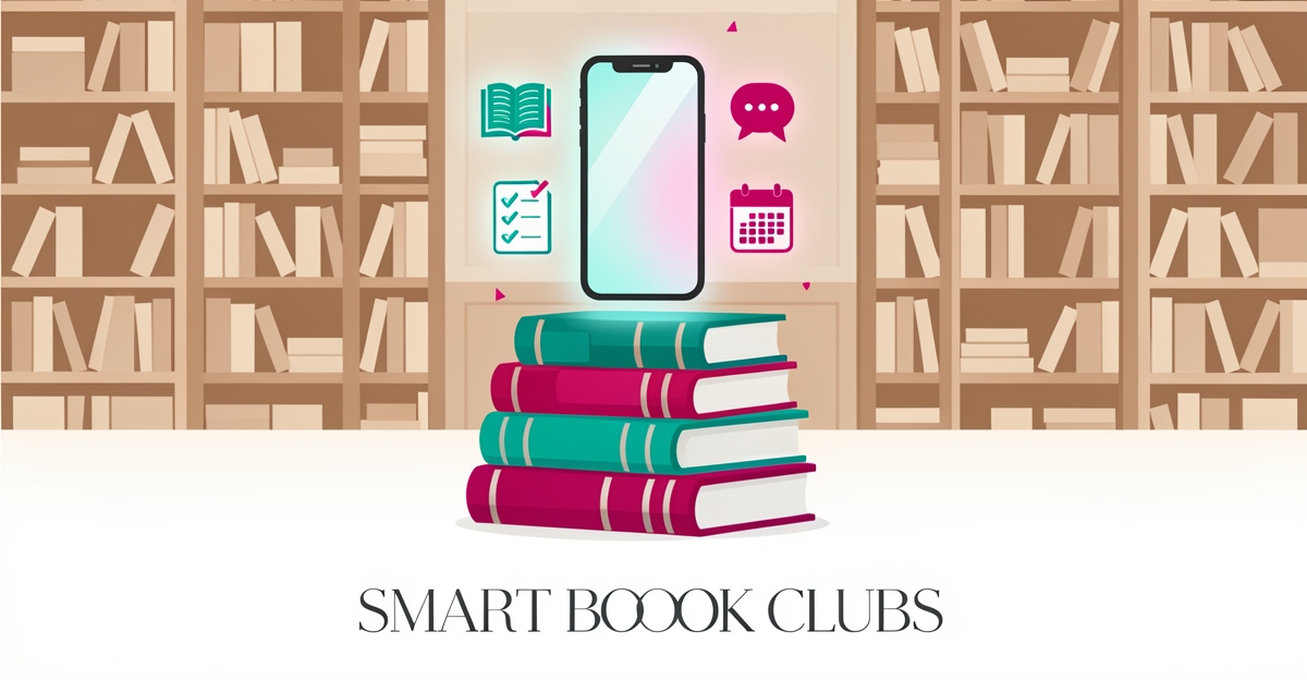 Flat illustration of a bookstore with a glowing smartphone hologram and icons symbolizing AI chat, membership tracking, and reading recommendations.