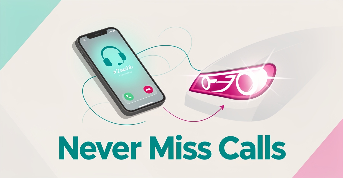 Flat illustration of a smartphone receiving a call beside a shining restored car headlight, with headline Never Miss Calls.