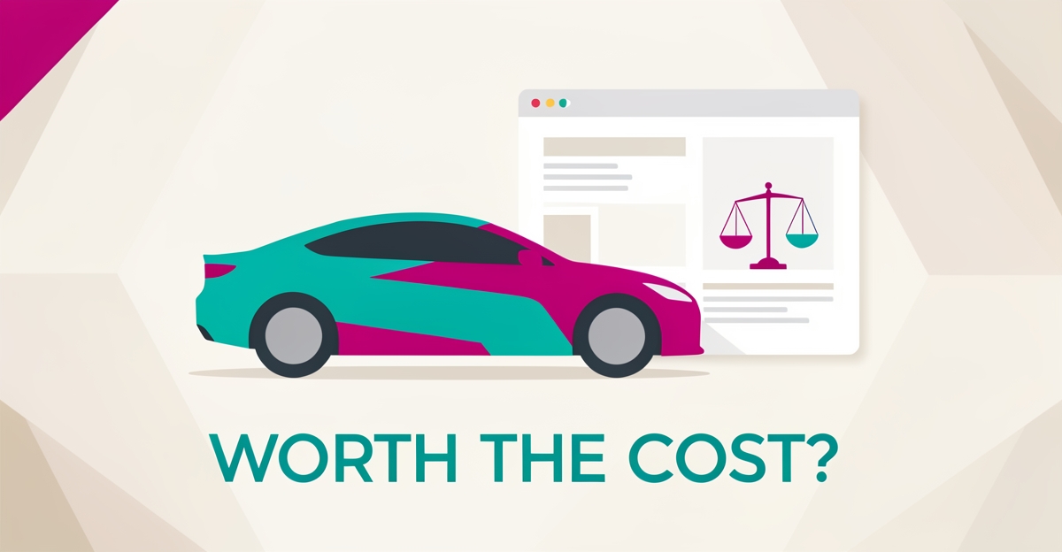 Flat illustration of a wrapped vehicle beside a website interface and balance scale, symbolizing cost-benefit analysis of hiring an agency for an auto wrap website.