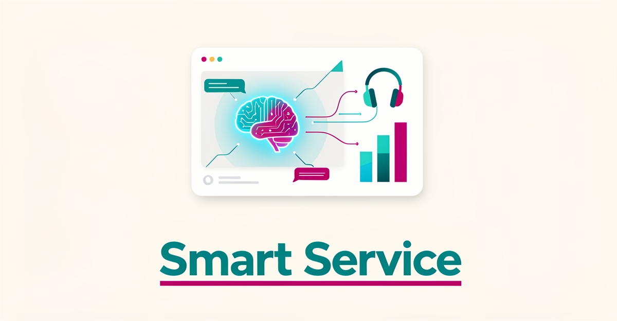 Flat illustration of an AI chat interface linked to a headset and growth chart in teal and magenta, with headline Smart Service.