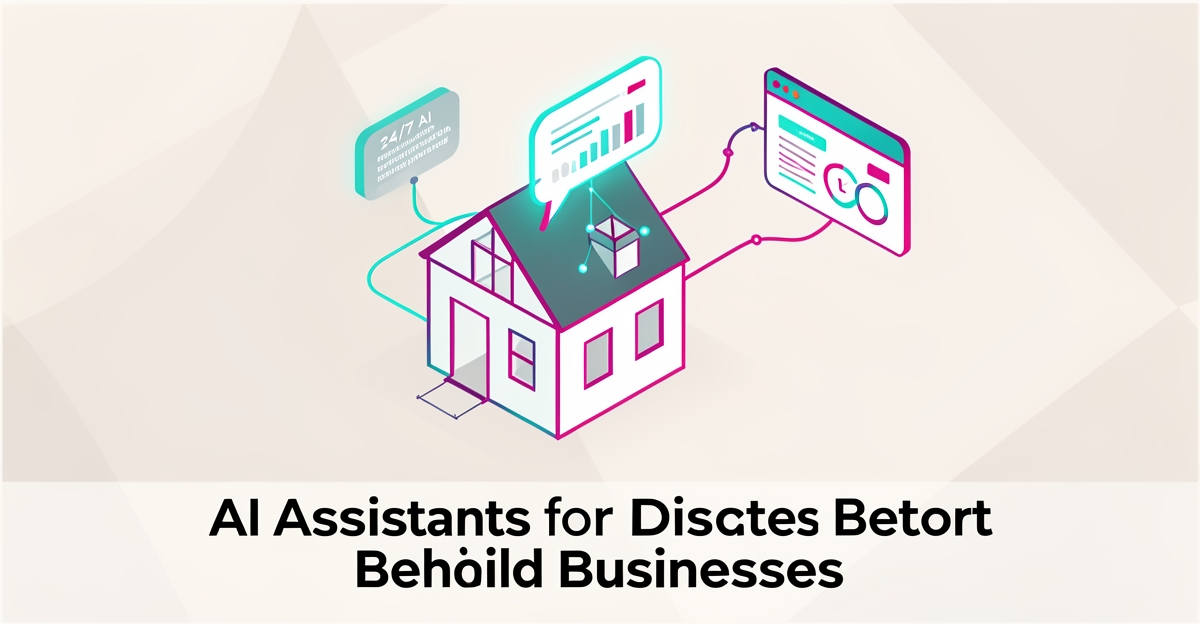 Flat illustration showing AI chatbot supporting 24/7 disaster rebuild inquiries with CRM integration and teal magenta accents.