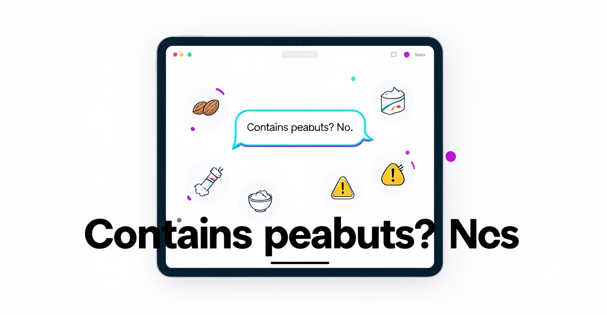 Modern flat illustration of an AI chat interface answering ingredient and allergen questions, with food icons and brand color accents, designed for a business blog on AI customer support.