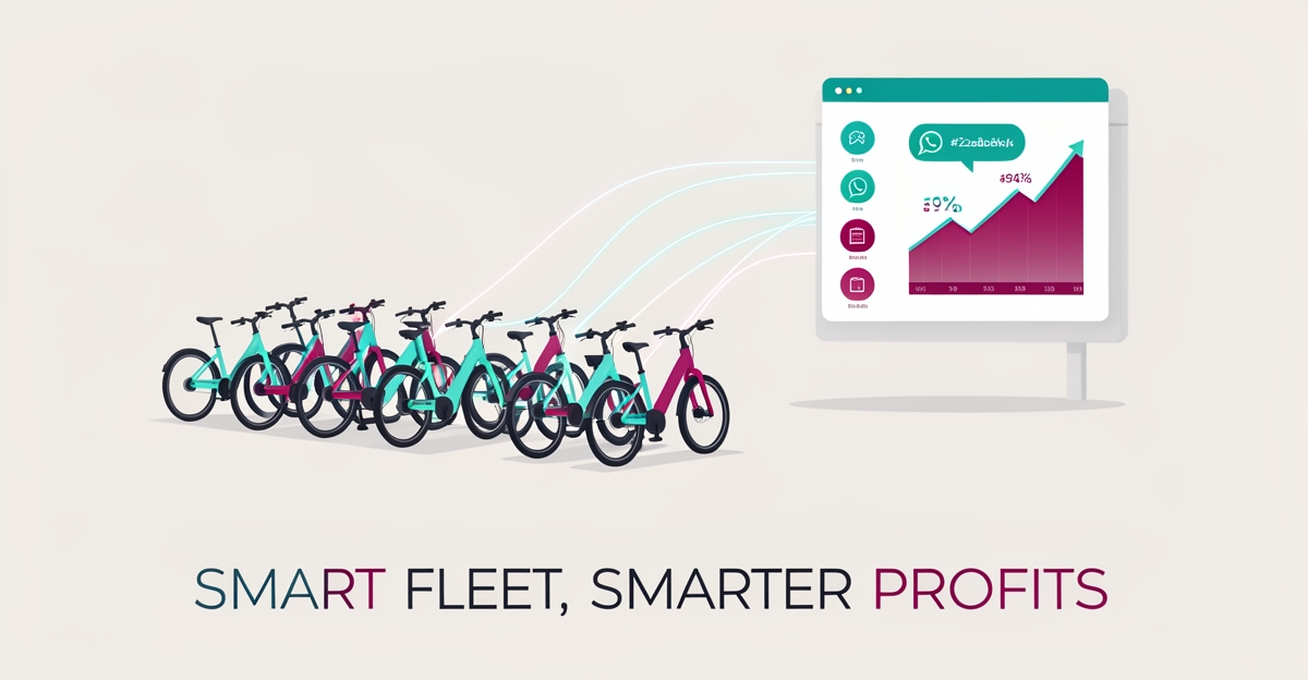 Flat illustration of e-bikes linked to an AI dashboard with booking and pricing icons, headline reading Smart Fleet, Smarter Profits.
