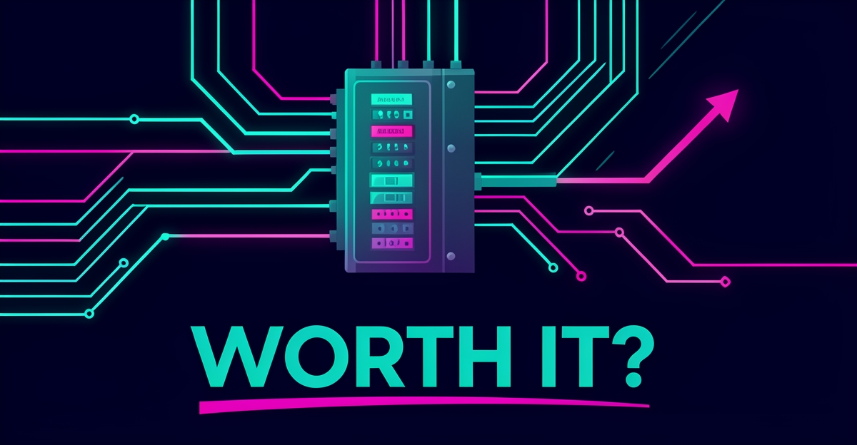 Flat illustration of electrical panels merging into glowing AI circuit pathways in teal and magenta with the headline Worth It.