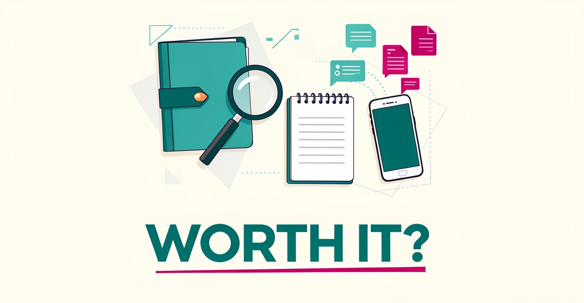 Flat illustration of a detective's desk with a magnifying glass, case folder, and smartphone showing automated AI document and notification icons in teal and magenta.