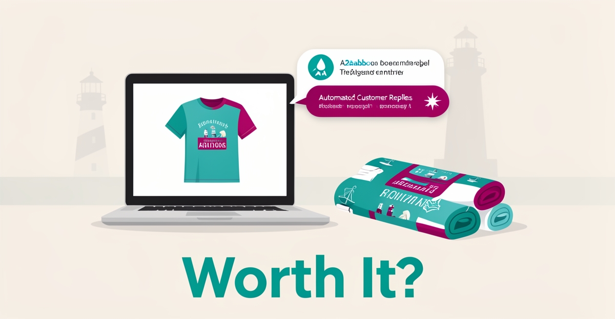 Flat illustration of an AI chatbot automating print-on-demand inquiries beside apparel mockups with teal and magenta accents.