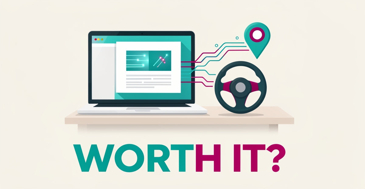 Flat illustration of a laptop, steering wheel, and location pin connected by data lines with the headline Worth It, representing AI-generated local content for driving schools.