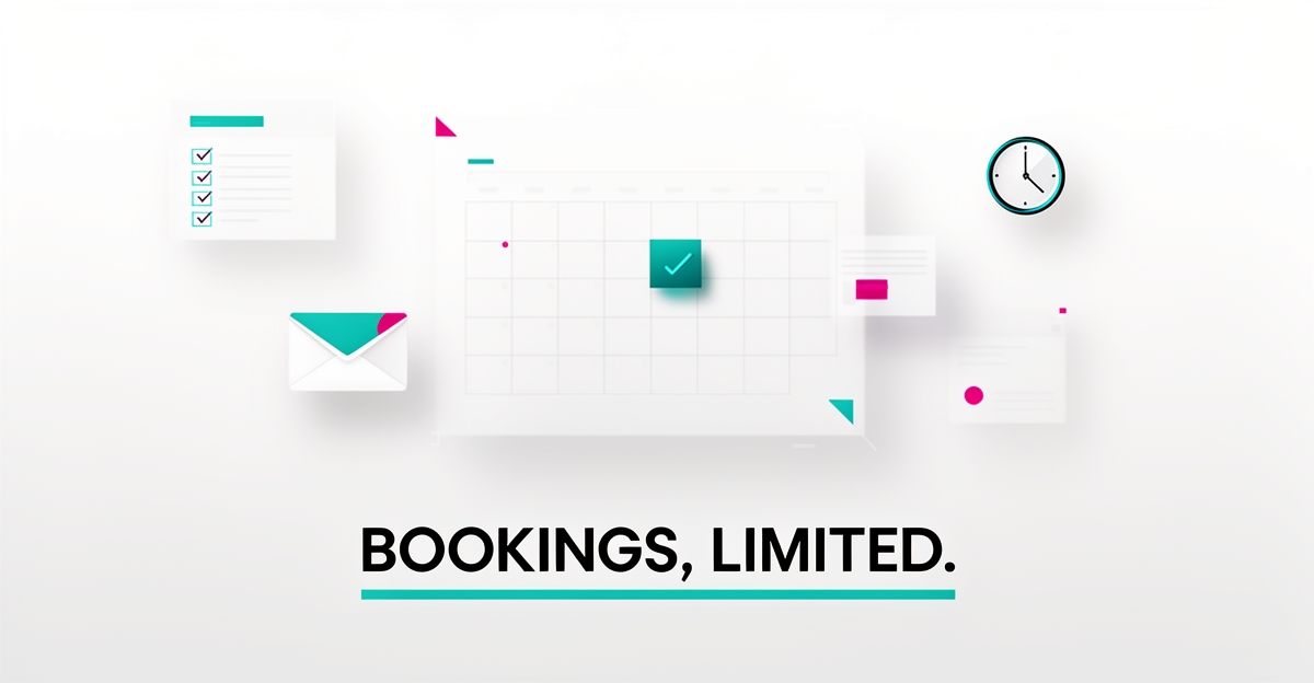 Minimalist flat illustration of a calendar appointment slot with fading disconnected tool icons, accented in teal and magenta, with headline 'Bookings, Limited.'