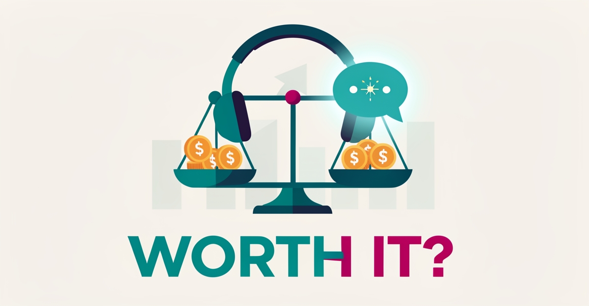 Flat illustration of a headset on a balance scale weighing costs against AI chat support, with headline reading Worth It?