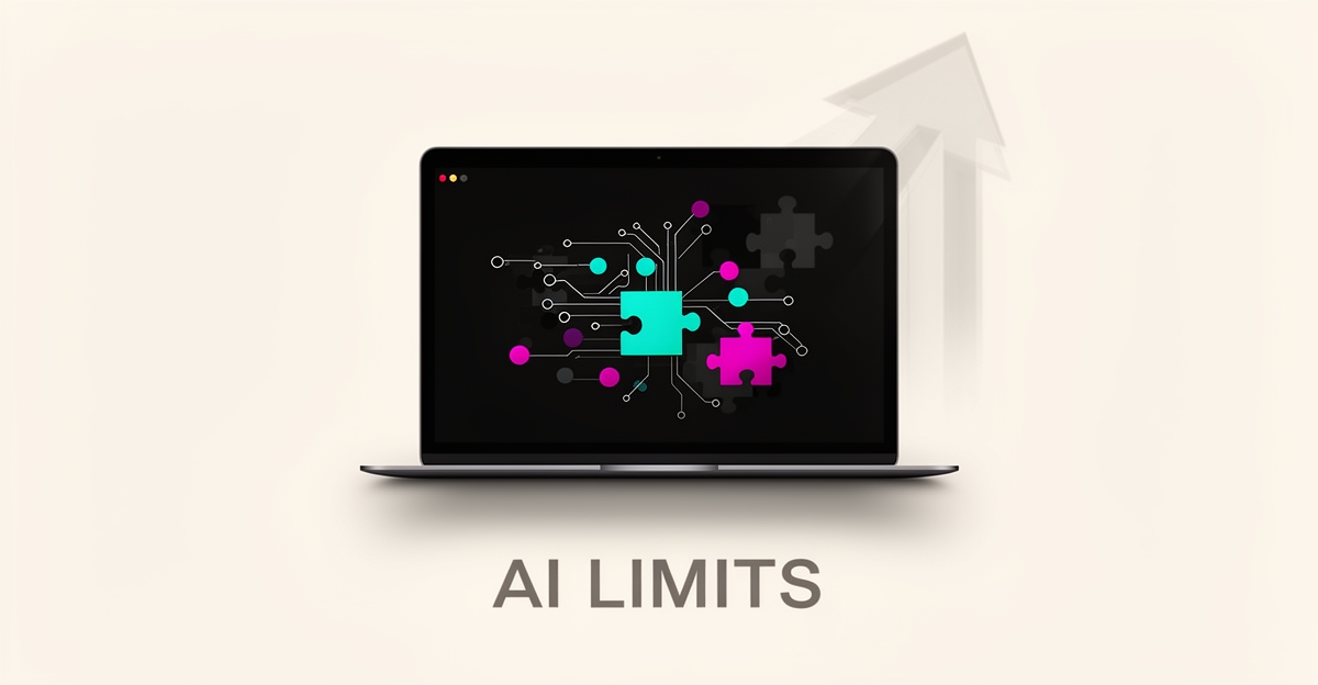 Flat illustration of a laptop with an AI-assembled website wireframe and missing pieces, accented in teal and magenta.