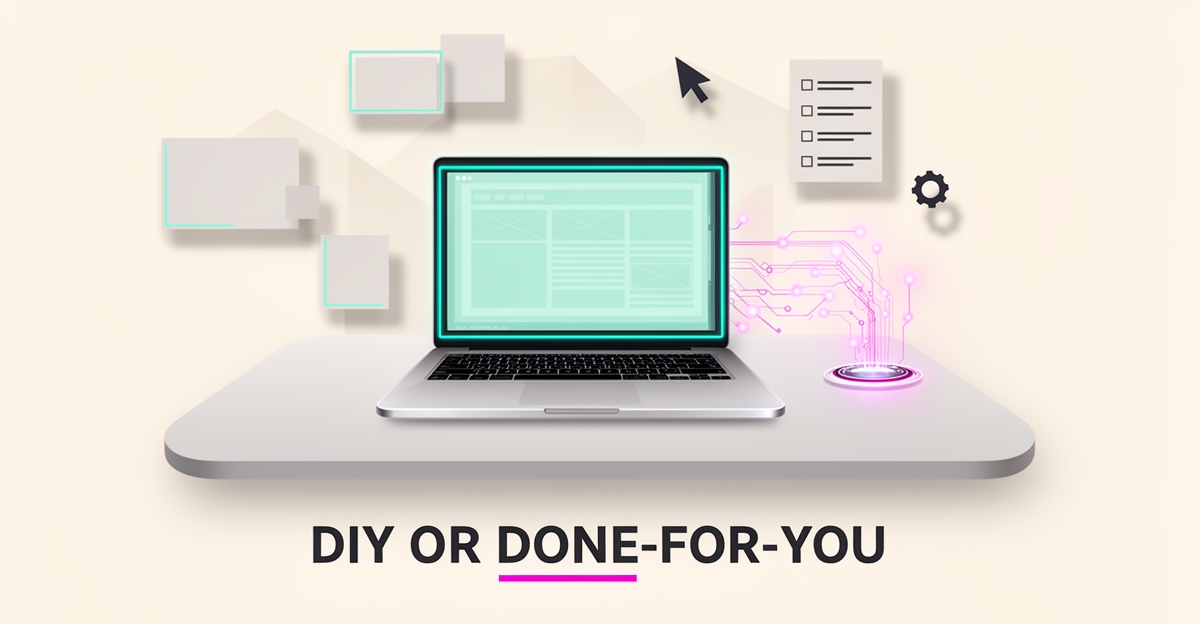 Flat illustration of a laptop with website builder blocks and an AI automation hub, contrasting DIY design with automated website building.