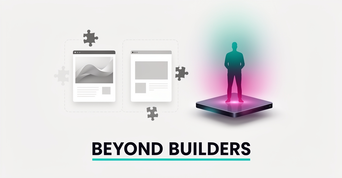 Flat illustration comparing two incomplete website builders with a complete managed platform rising behind, accented in teal and magenta.