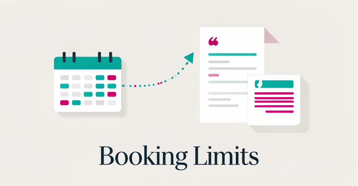 Flat illustration comparing a small booking calendar to a larger quote-to-invoice workflow with teal and magenta accents.