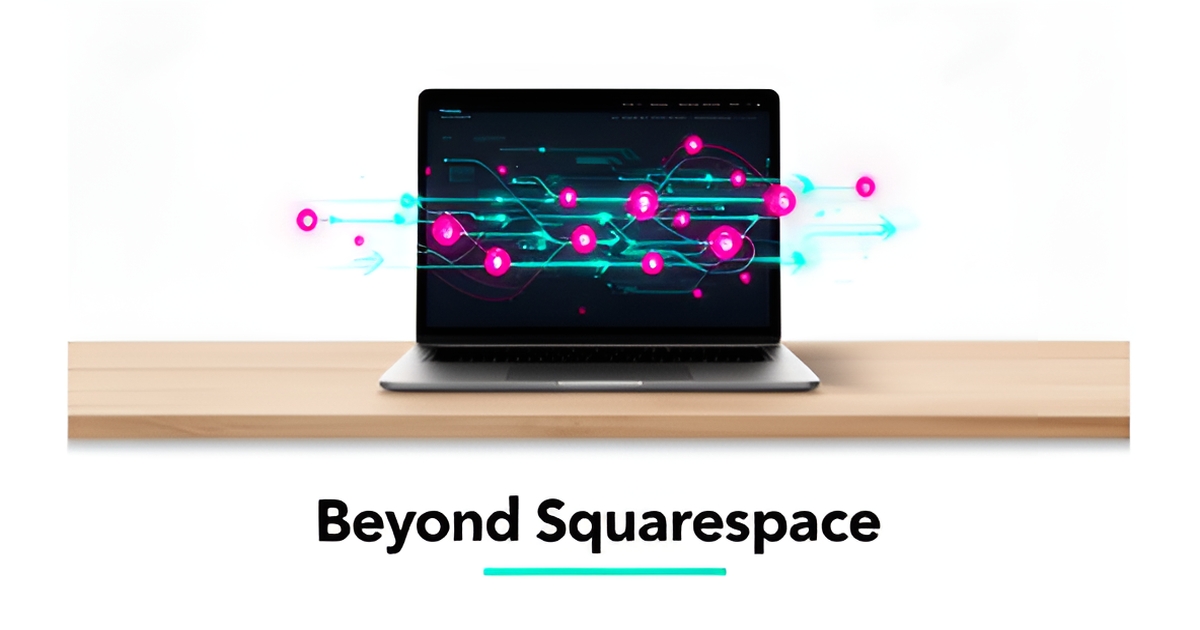Flat illustration of a laptop with a website transforming into an automated workflow, headline reading Beyond Squarespace.