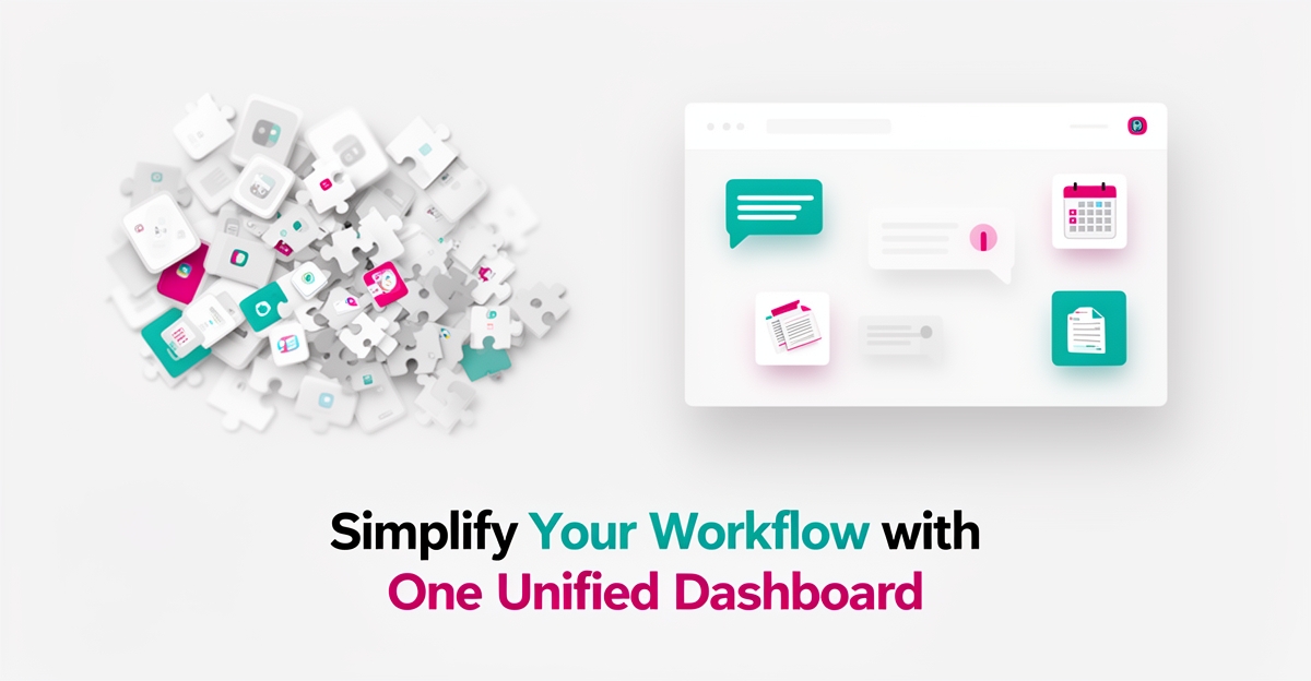 Flat illustration of scattered app icons merging into one streamlined all-in-one website dashboard with teal and magenta accents.