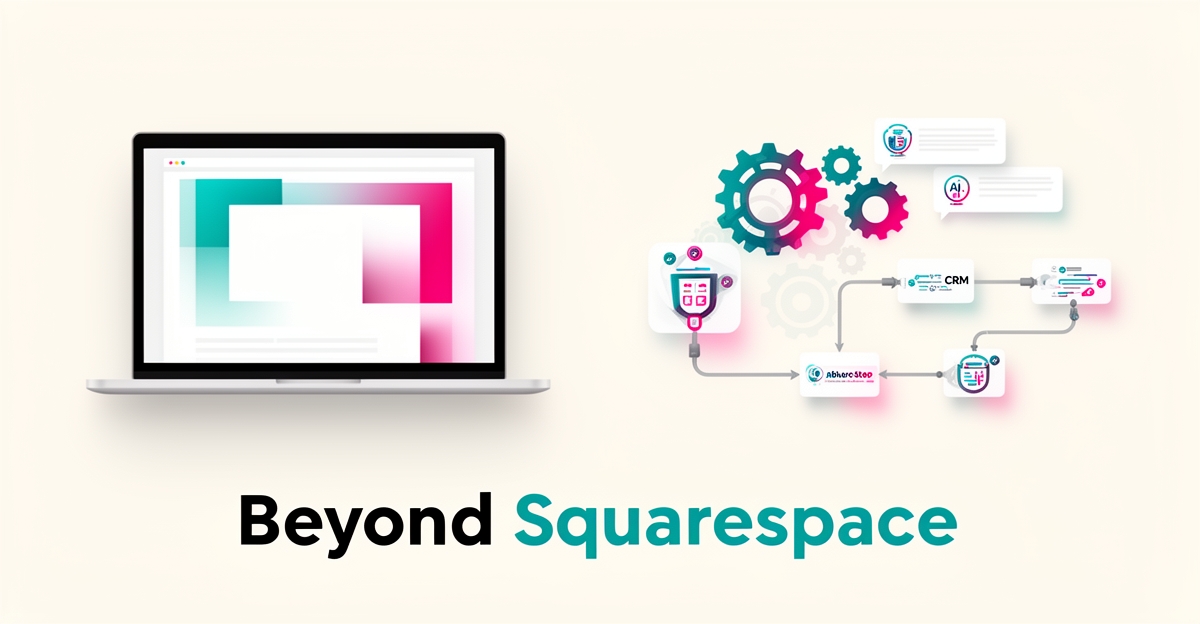 Flat illustration of an AI-automated website builder with CRM workflow in teal and magenta, headline reading Beyond Squarespace.