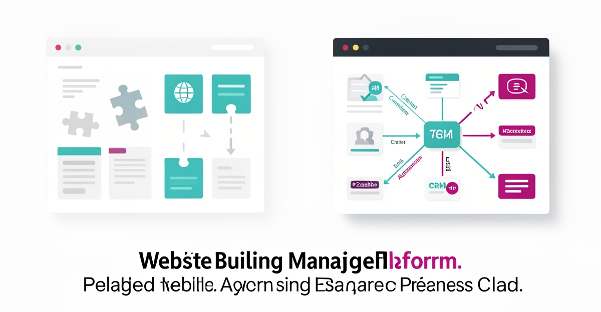 Flat illustration comparing DIY website builder gaps with a unified managed business platform with teal and magenta accents.