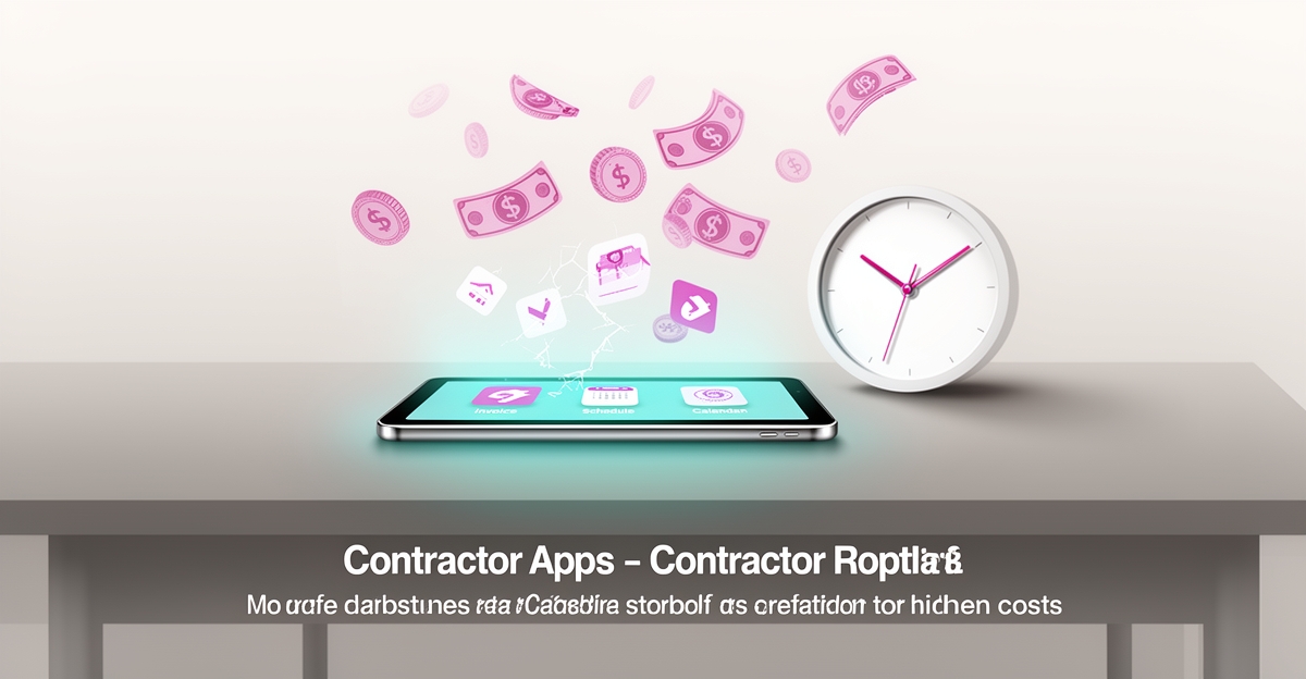 Flat illustration of a contractor’s toolkit with a tablet displaying fragmented app icons, a clock and money symbols, highlighting costs.